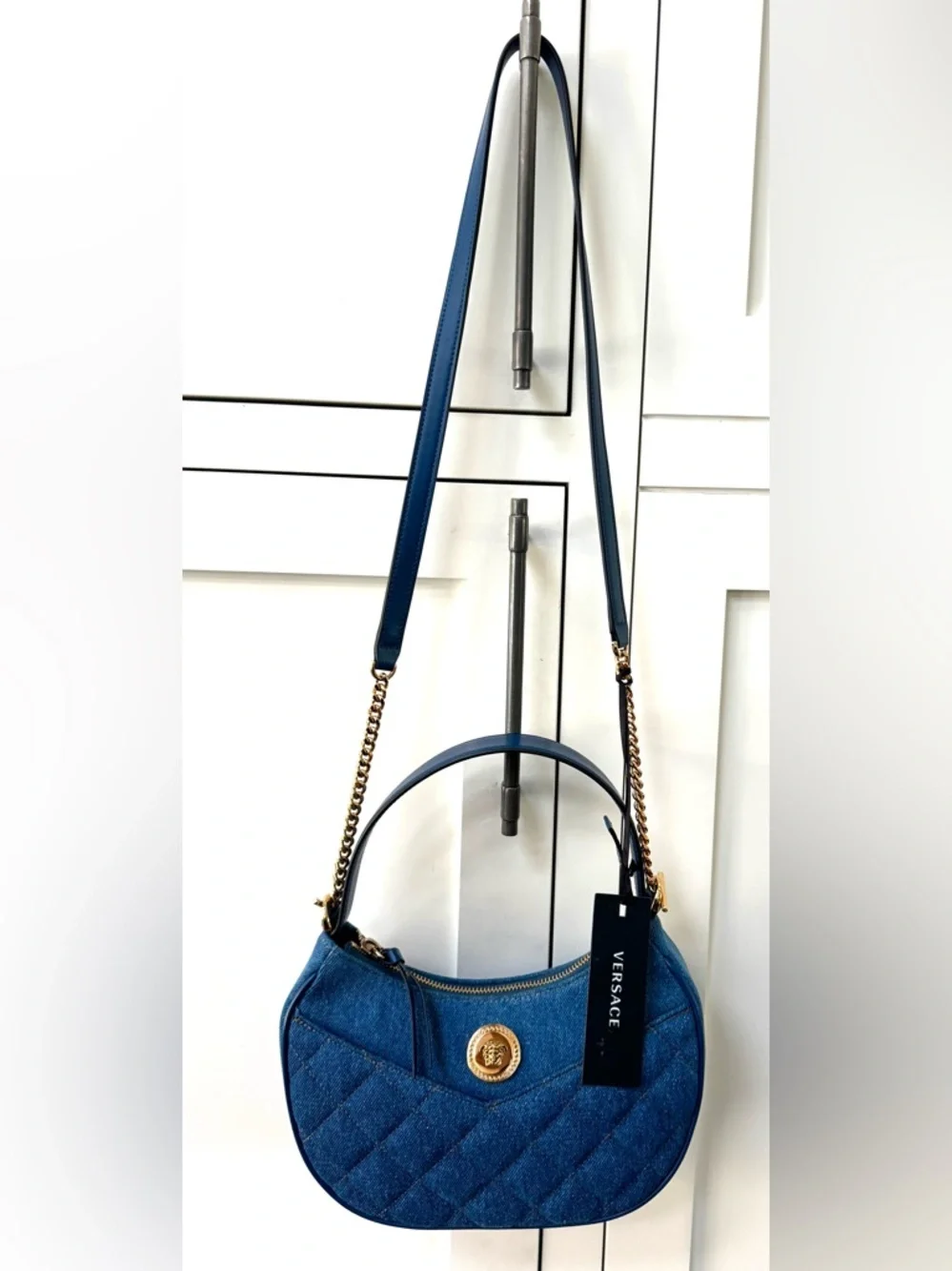 VERSACE NWT Denim Medusa Quilted 2-Way Shoulder Crossbody Bag Blue Gold - Picture 12 of 13